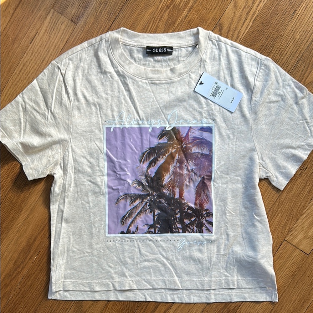 Guess Cream T-Shirt with Palm Tree Graphic